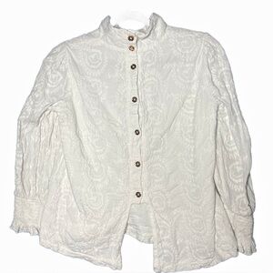 BURU embroidered creme mock neck long sleeve blouse with button back size Small